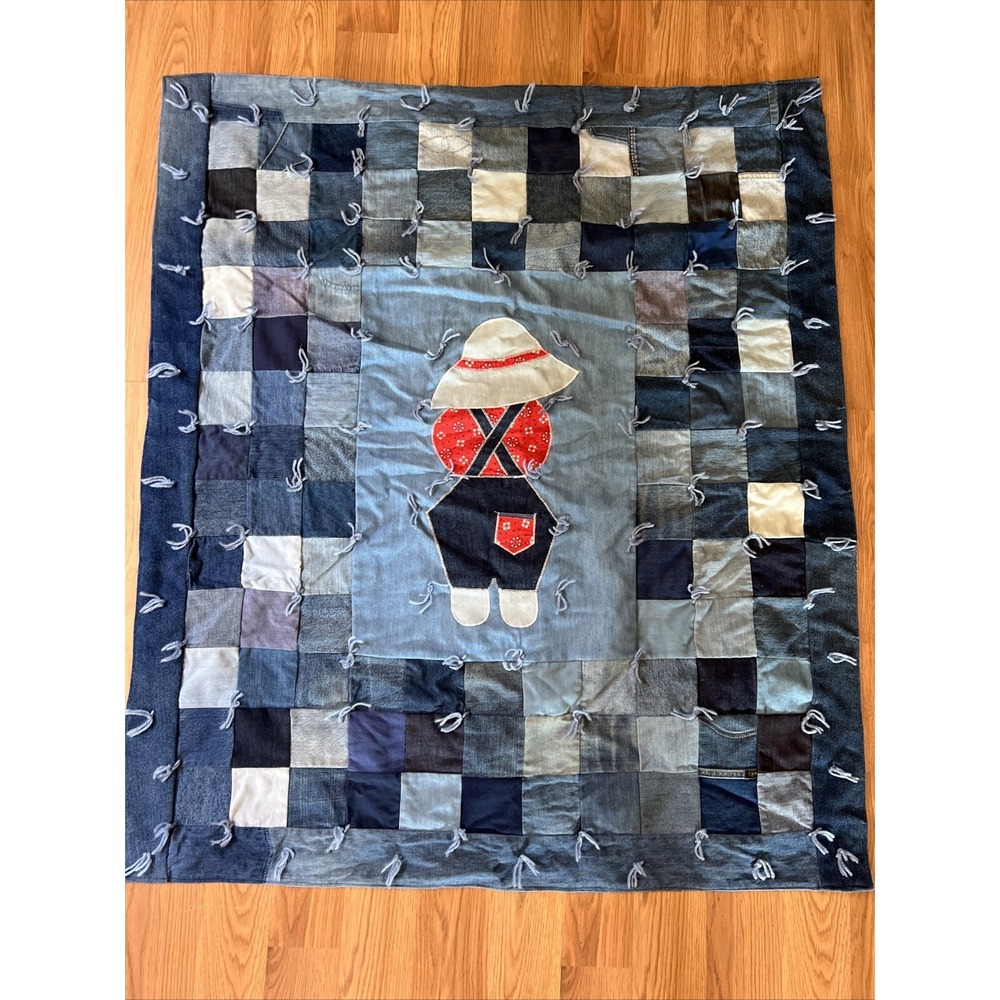 Vintage Denim Patchwork Crib Quilt with Bandana Print Back Americana Decor